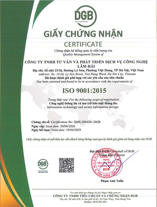 Giấy chứng nhận ISO 9001:2015 của Lâm Hải